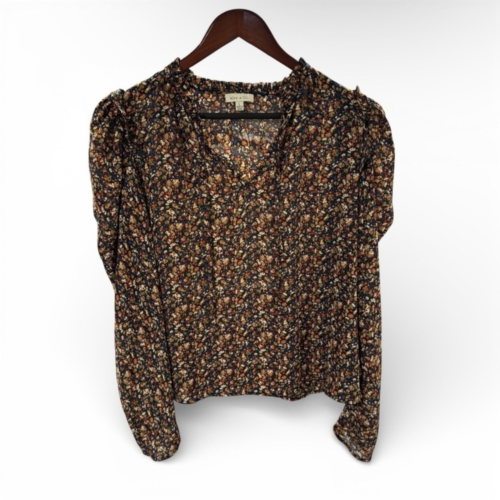 Ditsy Floral Blouse Large Long Sleeve Puff Shoulder Ruffle Neck Cottagecore Boho